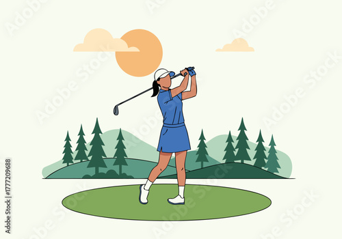 Woman Golfing in Nature A Serene Outdoor Sports Illustration