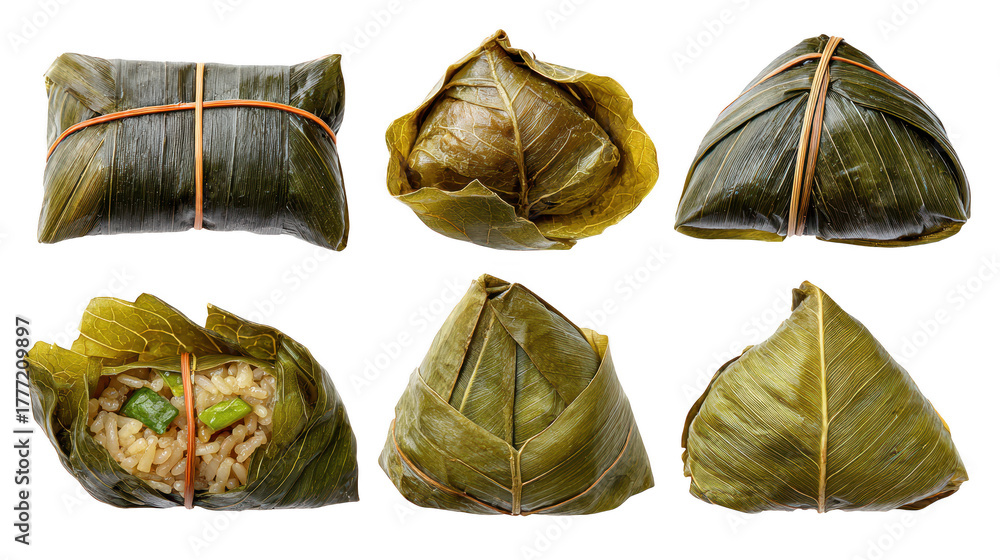 Naklejka premium Diverse foods presented on natural banana leaves collection of edibles displayed on traditional green leaves