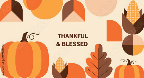 Modern Thanksgiving Graphic with Pumpkins, Corn, Leaves, and Geometric Shapes