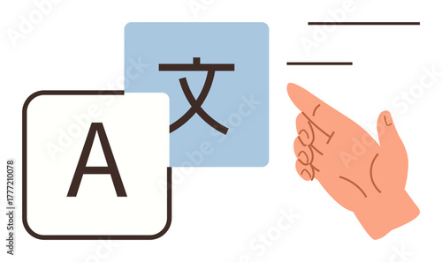 Hand pointing at text box with foreign language symbols and translation options. Ideal for communication, education, globalization, language learning, AI, technology, user interface. Simple flat