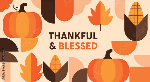 Thankful and Blessed Autumn Harvest Illustration with Pumpkins, Corn, and Leaves