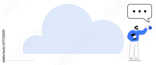 Man holding device near large cloud and speech bubble, symbolizing technology, cloud storage, and data sharing. Ideal for communication, cloud technology, teamwork, innovation, data management