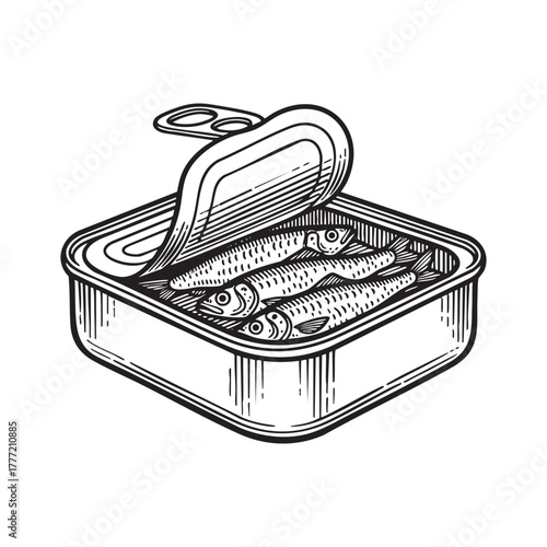 Open Sardine Fish Tin Can Engraving Vector Illustration