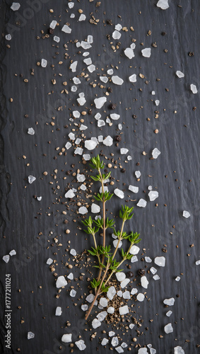 Herb sprigs with salt and pepper on dark stone background