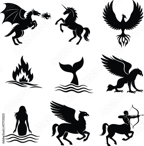 Black silhouette mythical creatures and symbols on white background dragon unicorn