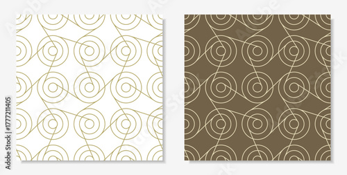 Seamless geometric pattern of concentric circles and diagonal lines on light background, ideal for textiles, wallpaper, or design. Vector illustration.