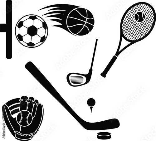 Black silhouette sports equipment collection soccer basketball tennis golf baseball hockey