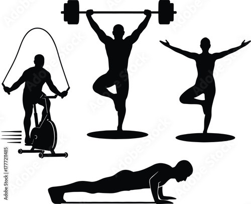 Black silhouettes of people exercising on white background fitness exercise