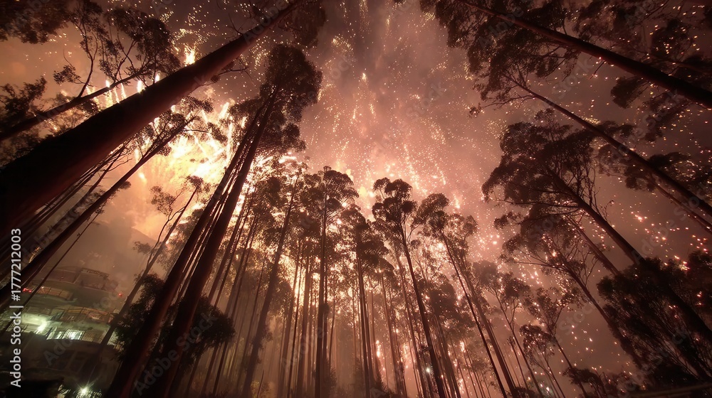 Obraz premium Majestic trees under a dramatic, colorful sky.