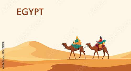 Two people riding camels in the desert with Egypt text in the background