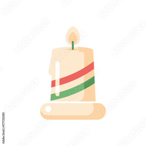 A festive candle with red and green stripes, burning with a warm, inviting flame.