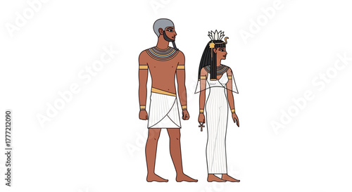 Ancient Egyptian couple standing Man is barechested woman in white dress