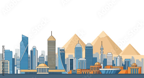 Photos City skyline with modern buildings and ancient pyramids in the background