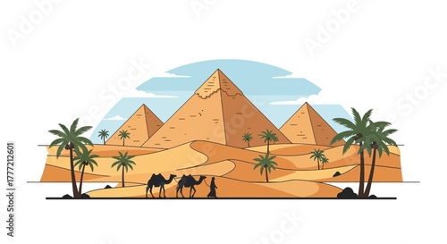 Egyptian pyramids rise from the desert accompanied by camels and palm trees