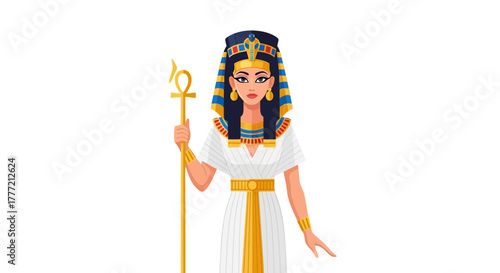 Egyptian queen in traditional garb holding ankh symbol