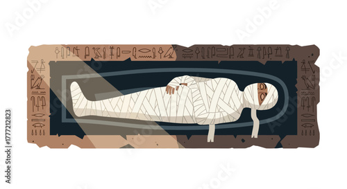 Illustration of a sarcophagus containing a mummy surrounded by hieroglyphs