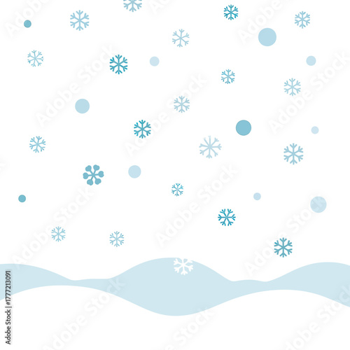 A minimalist winter scene with falling blue snowflakes and snowdrifts on a white background.