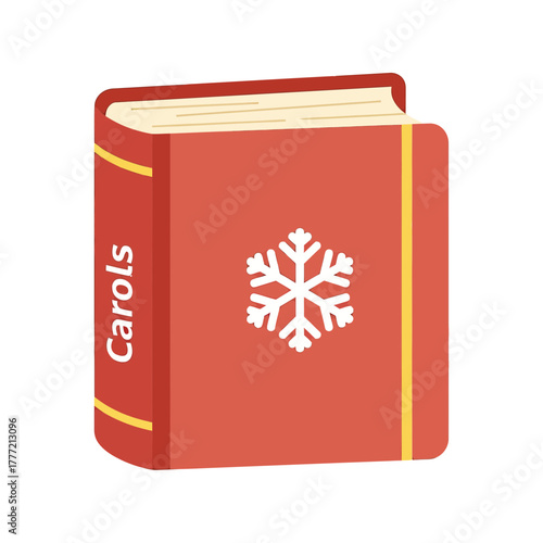 A closed red book with a snowflake symbol and the word "Carols" on its spine, representing a collection of Christmas songs.