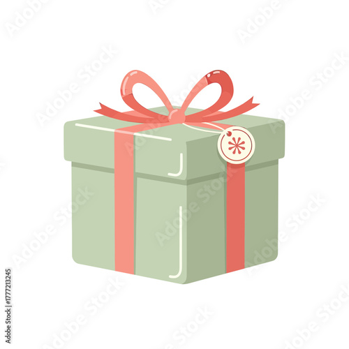 Illustration of a square gift box wrapped with a pink ribbon and bow, with a tag attached.