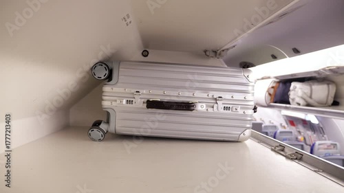 Passenger placing silver trolley suitcase into overhead luggage compartment inside economy class airplane, then closing bin door. Camera placed inside compartment