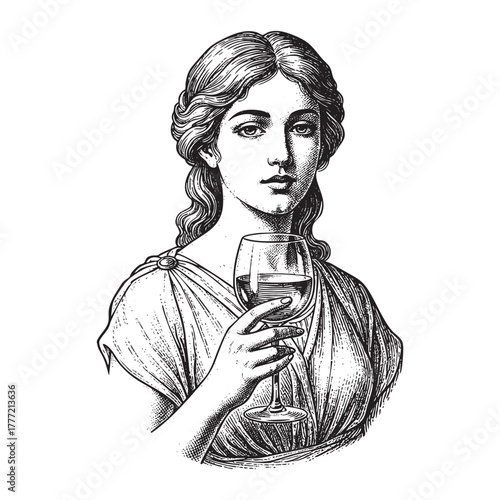 Beautiful Woman Holding Wine Glass Engraving Vector Illustration