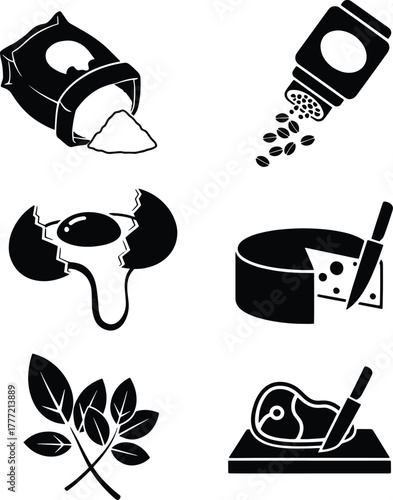 Black icons of food ingredients and preparation on white background cooking