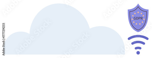 Blue cloud shape, security shield with GDPR text, and wireless icon. Ideal for data privacy, cloud computing, internet security, regulation compliance, information technology, connectivity simple