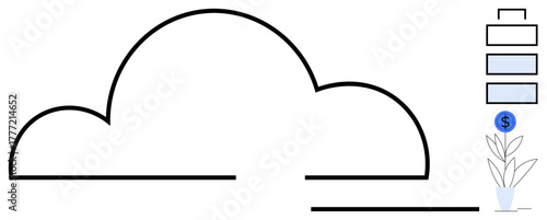 Cloud outline with stacked data blocks, monetary sign growing on plant. Ideal for finance, technology, innovation, data, business growth, savings ecology. Simple flat metaphor