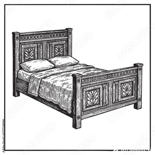 Vintage Wooden Bed Engraving Vector Illustration