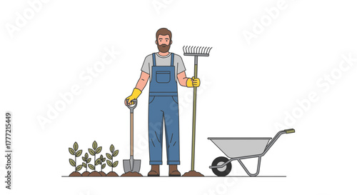 Dedicated gardener with shovel and rake planting sprouts, tending garden with pride and care, a symbol of hard work, growth, and satisfaction in nature