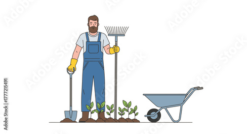 Gardener planting seedlings with rake and shovel, nurturing garden growth, cultivating green life, farmer wearing overalls, ready for spring planting season
