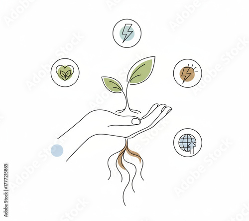 Human hand nurturing a green sprout, surrounded by icons representing renewable energy, ecology, and sustainable growth concepts