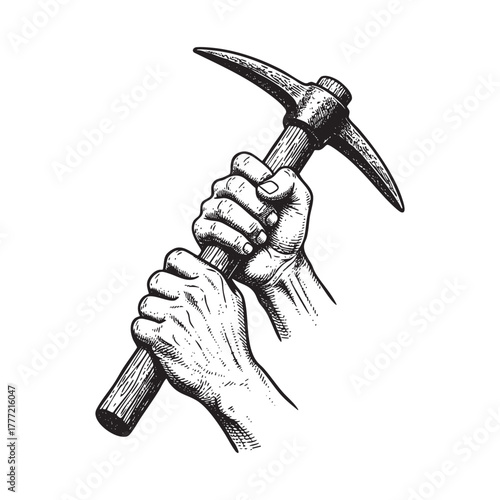 Hands Gripping Mining Pickaxe Tool Engraving Vector Illustration