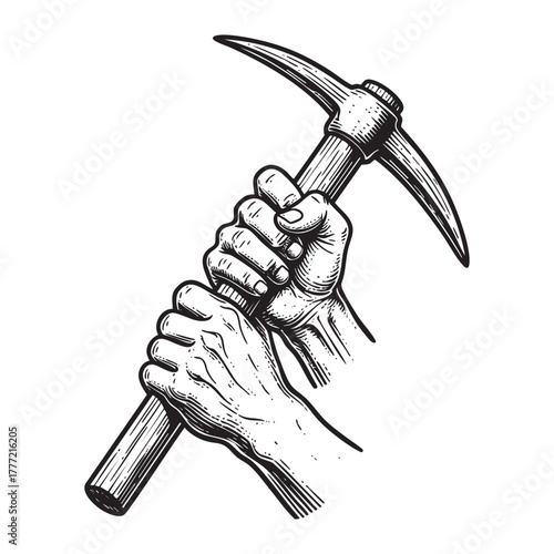 Hands Gripping Mining Pickaxe Tool Engraving Vector Illustration