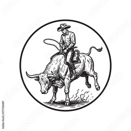 Cowboy Riding Bucking Bull Rodeo Engraving Vector Illustration