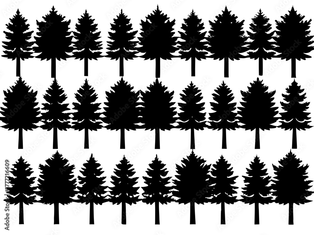 Obraz premium Silhouette pattern featuring rows of evergreen trees against a white background design element