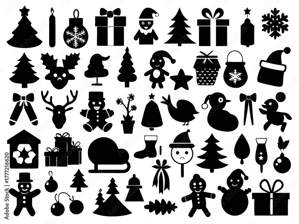 Obraz premium Collection of christmas themed silhouettes featuring trees gifts and festive characters design set