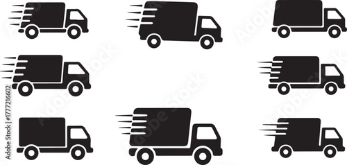 Collection of delivery trucks in various states of motion