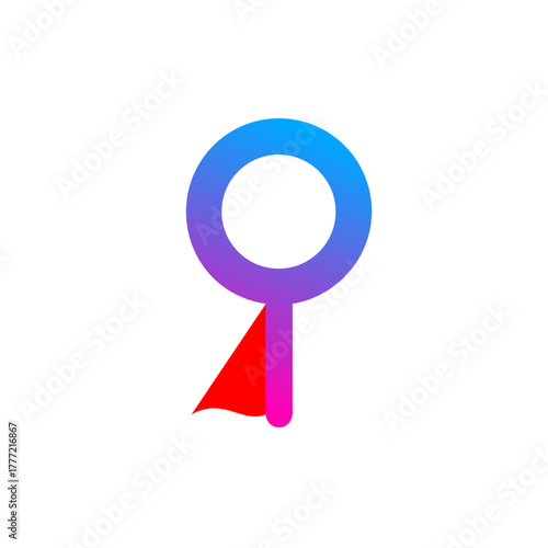 Magnifying glass wearing a red hero cape with a blue and pink gradient, Modern tech icon for AI built websites, apps, and software. This icon can be used for showing fast results, search results.