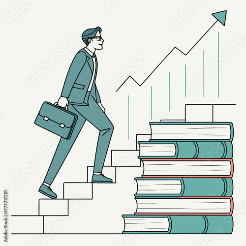 Businessman climbing stairs of books and graphs.
