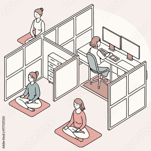 People doing yoga or meditation at workplace.
