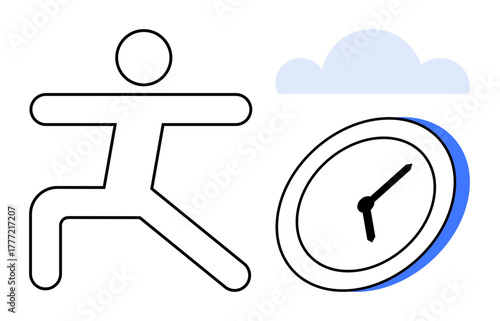 Stick figure in yoga pose beside a clock and cloud to signify time management, balance, and mindfulness. Ideal for wellness, self-care, productivity, personal growth, time efficiency, stress