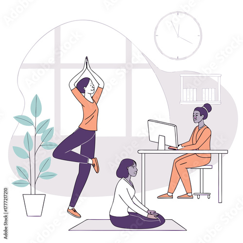 People doing yoga or meditation at workplace.
