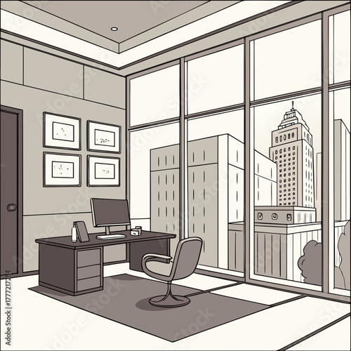 Modern CEO office interior with panoramic window.

