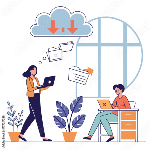 Data storage and office workers interacting with cloud icons.
