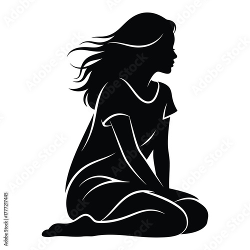 Elegant silhouette of a woman with flowing hair, sitting peacefully, embodying serenity and contemplation.