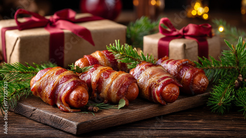 Close up of pigs in a blanket on a wooden board with gifts and christmas decorations around it