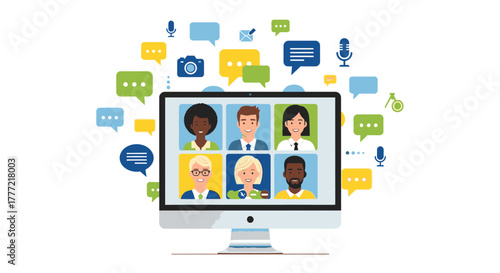 Modern online meeting interface with diverse team, perfect for showcasing virtual collaboration, communication, and global connectivity in business and education