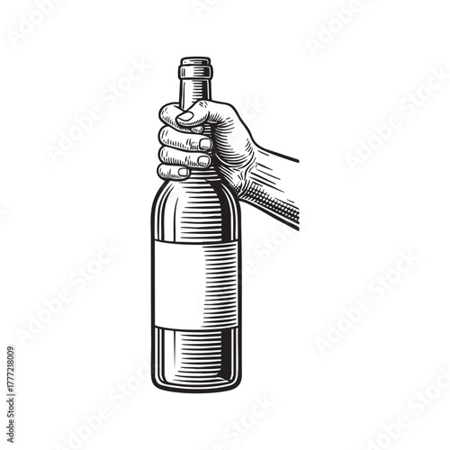 Hand Holding Wine Bottle Engraving Vector Illustration