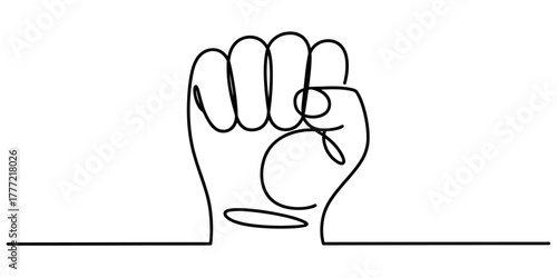 Continuous line art drawing of a human hand clenched into a powerful fist, symbolizing strength, protest, unity, and determination, isolated on white background. Vector